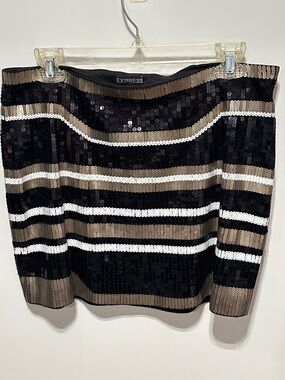Express Fashion Art Deco Striped Black Gold & White Sequin Mini Skirt M New B1